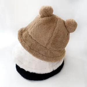 Warm winter plush bucket hats with cute bear ears available in khaki white and black.