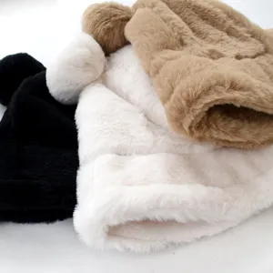 Soft winter plush bear ear bucket hat set with thickened warm faux fur material