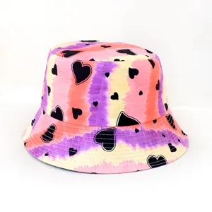 Bunter Eimerhut mit Herzmuster Streetwear Sonnenschutz lässige modische Kappe Neu