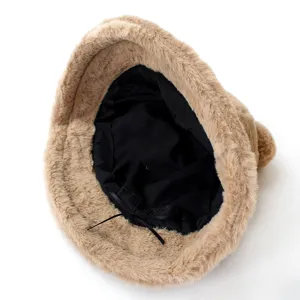 Stylish plush bucket hat for women with warm black lining and soft faux fur texture