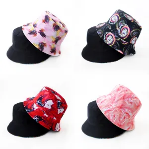 Chapeau Bob Réversible en Polyester Avec Impression Numérique Abstraite Calotte Plate Bord Large Protection Solaire Streetwear pour Hommes Femmes