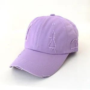 Distressed purple baseball cap detail shot, cotton casual vintage hat for daily wear.