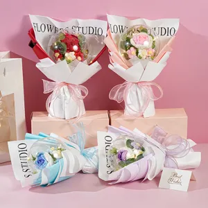 Handmade Crochet Rose Flower Bouquet Luminous Bobo Ball LED Light Valentine Present