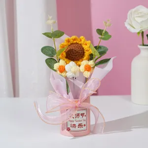 Handgemaakte gehaakte zonnebloem boeket pot desktop ornament cadeau voor leraar