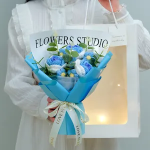 Handmade crochet blue flower bouquet knitted rose gift for Valentine Day party home decor.