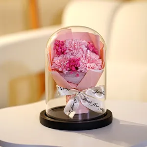 Primo piano di bouquet di garofani rosa stabilizzati in cupola di vetro con nastro