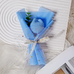 Handmade mini crochet blue tulip flower bouquet with mesh wrapping gift for teachers day.