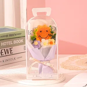 Handmade crochet sunflower bouquet in a transparent PVC gift box with Best Wishes text