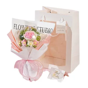 Handmade crochet rose flower bouquet in glowing bobo balloon with gift bag for romantic gift.