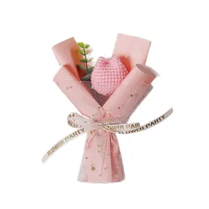 Handmade pink knitted tulip flower bouquet gift wrapped with net ribbon for teachers day.