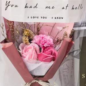 Primer plano de un ramo de rosas de jabón y claveles con luces de hadas para regalo.