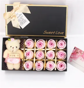 Valentijnsdag zeep rozen geschenkdoos met schattige teddybeer 12 stuks roze rozen cadeau