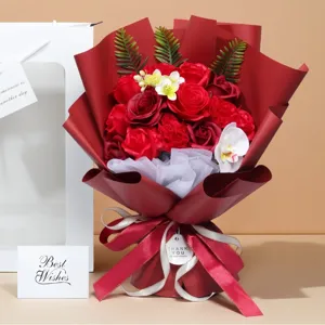 Red soap flower bouquet artificial roses carnations gift for graduation Valentine day