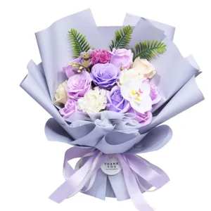 Artificial soap flower bouquet with roses and carnations, perfect gift for teachers and graduation.