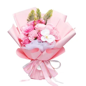 Artificial soap rose carnation flower bouquet pink gift box for teacher valentine graduation