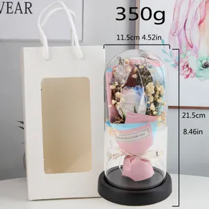 Eternal rose glass dome with LED lights and gift bag, dried flower bouquet decor for gifts.