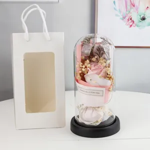 Glass dome eternal rose flower bouquet with fairy lights and gift bag for gifts