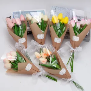 Bouquet de 5 Tulipes Artificielles Fleurs en PU Real Touch Avec Emballage en Papier Kraft Pour Décoration Maison Accessoires Photo