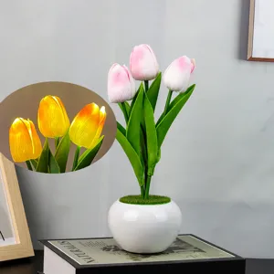 LED Tulipán Luz Nocturna Flor Artificial Maceta Cerámica Lámpara Mesa Regalo Romántico