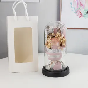 Eternal rose dried flower bouquet in glass dome with gift bag for Valentine Day gift 1pc
