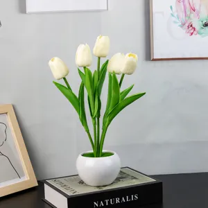 Flor de tulipán artificial luz de noche planta en maceta base de cerámica decoración