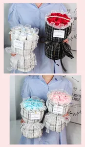 Soap rose flower bouquet in elegant tweed wrapping paper with pearls and lace for romantic gifts.