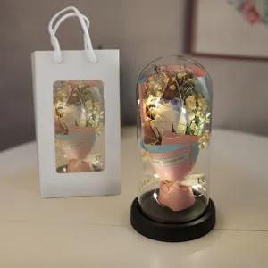 Eternal rose glass cover with LED lights and gift bag, perfect romantic gift for Valentine's Day.