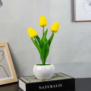 Luz nocturna de tulipán artificial en maceta de cerámica, hermosa lámpara de mesa regalo.