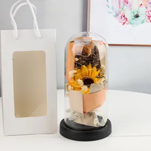 Sunflower eternal flower glass dome gift with LED fairy lights and white gift bag for home.
