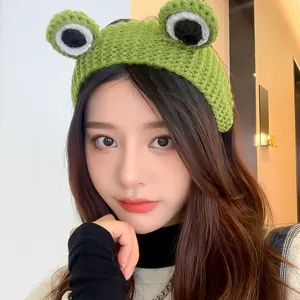 Cute green crochet frog headband knitted hair hoop for women autumn winter warm accessory