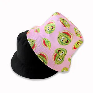 Reversible bucket hat with cute cartoon watermelon print and classic black side, casual sun hat.