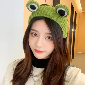Cute crochet frog headband for women, fuzzy cartoon animal winter warm hair hoop.