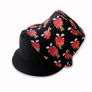 Reversible bucket hat with solid black side and cute cartoon fruit print, stylish outdoor sun hat.