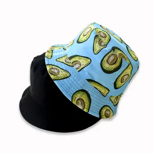 Reversible bucket hat with retro avocado print, versatile sun protection basin hat for women.