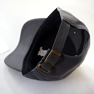 Grey cotton baseball cap with adjustable metal buckle and embroidered R logo