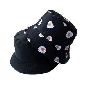 Chapeau bob reversible avec imprime d'oeuf au plat, chapeau de soleil noir pour hommes et femmes.