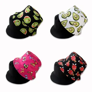 Reversible Bucket Hat Women Men Vintage Printed Sun Hat Fruit Butterfly Pattern All-over Print Wide Brim Outdoor Shading Flat Top Hat