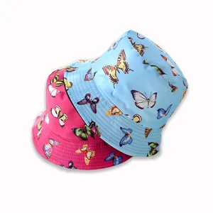 Reversible bucket hat with retro butterfly print women outdoor sun protection casual basin cap