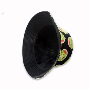 Reversible bucket hat with cute watermelon print, stylish retro sun protection casual cap.