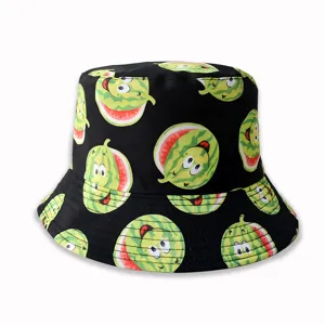 Retro black cartoon watermelon print bucket hat, cute funny fruit outdoor summer sun protection.