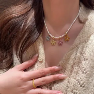 Sweet Copper Zirconia Daisy Flower Pendant For Women Artificial Pearl Choker Necklace Removable DIY Jewelry Colorful Shinny Pendant