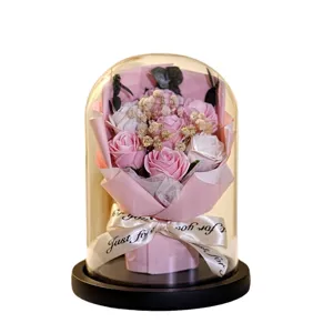 Elegante bouquet di rose stabilizzate in cupola di vetro con nastro 'Just for you'
