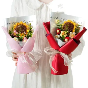 Beautiful handmade crochet sunflower bouquet with LED light strings and elegant gift wrapping