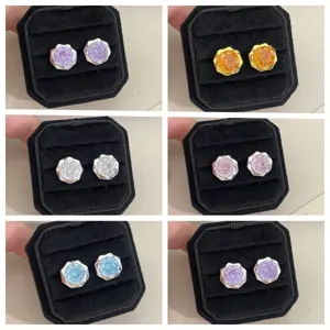 Pendientes de Botón de Cobre Circonia Retro Francés Corte Rosa Deslumbrante Corte Fuego Artificial Degradado Colorido para Mujer Joyería de Boda