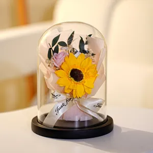 Artificial Soap Flower Sunflower Rose Bouquet In Glass Dome With LED Light For Graduation Valentine's Day Gift Home Decor Ornament