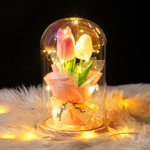 Vista detallada de tulipanes rosa y blancos en una cúpula de vidrio con luces LED