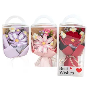 Handmade crochet cosmos flower bouquet in a clear gift box, perfect romantic gift for women.