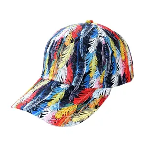 Stylish colorful feather print baseball cap for men and women, casual outdoor sun hat.