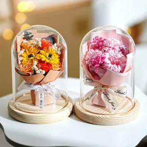 Ramo de flores de jabón bajo cúpula de cristal regalo romántico rosa eterna decoración