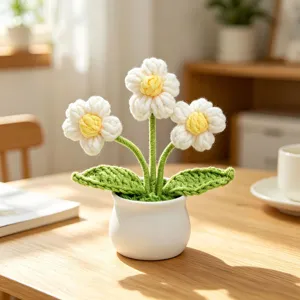 Beautiful handmade crochet white daisy flower potted plant for aesthetic home desk decoration